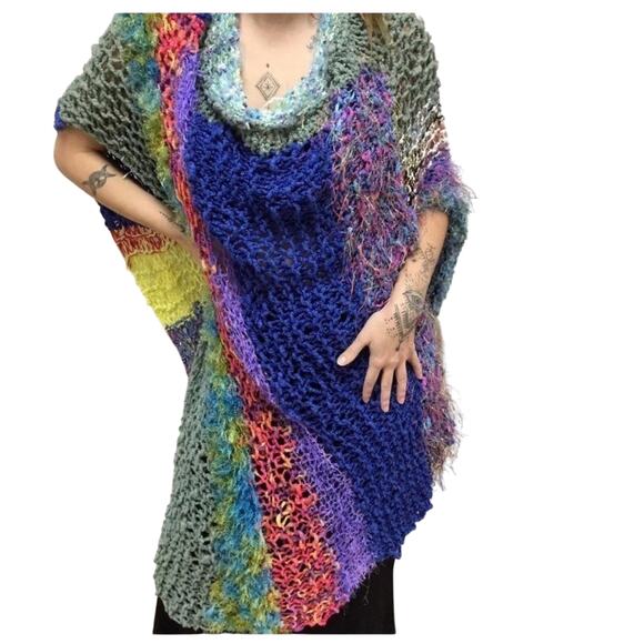 Handmade Accessories - One of a Kind Handcrafted Art Knit Poncho Boho Psychedelic Statement Piece